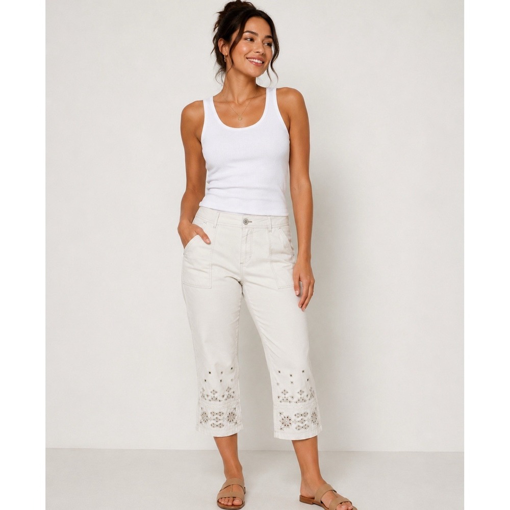 Anthropologie The Wanderer Embroidered Lace Utility Cargo Pants Boho Crop Sz 26